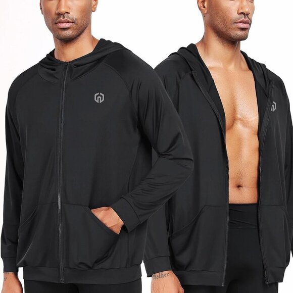 Men's Black Full-Zip Hooded Athletic Jacket, Medium, Lightweight, Breathable, Ve - Picture 3 of 6